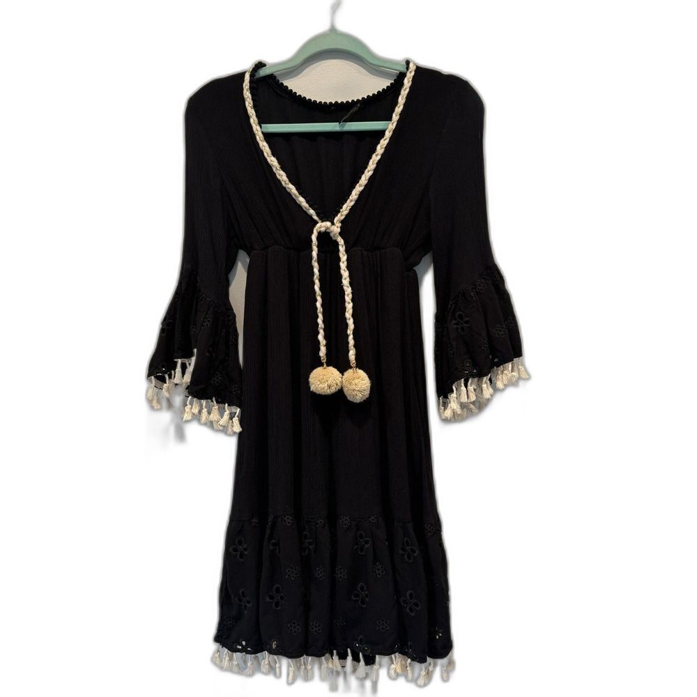 A'Biddikkia Dress Cotton Fringe Flare Sleeve Black Beach Coverup Womens sz XS